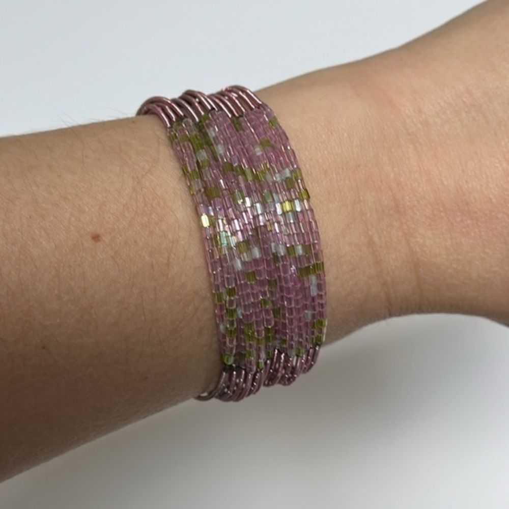 Olive Mauve Beadwoven Mixed Stitch Cuff Band Bracelet Statement Piece OSFA